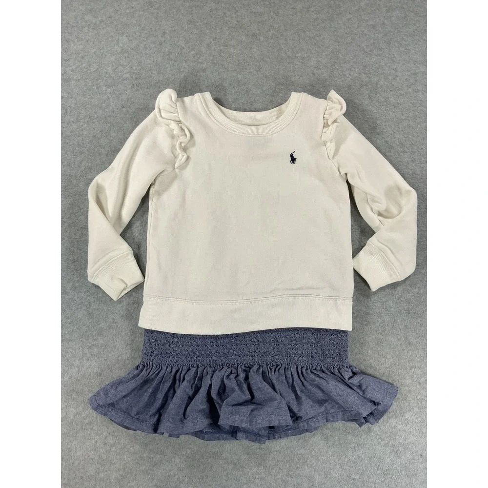 Polo Ralph Lauren Girls Cream Ruffle Sweatshirt Dress Chambray Skirt Size 5 2730